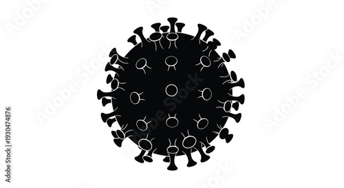 A stylized black illustration of a coronavirus particle on a white background