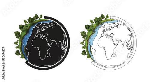 Two stylized earth globes one colored and one monochrome with tree lined horizons
