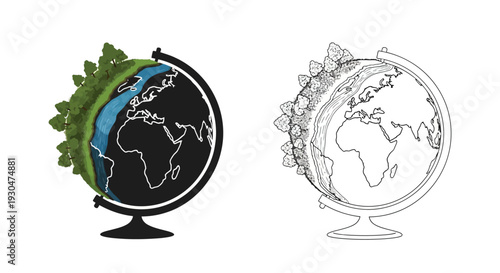 A detailed illustration of a world globe shown in color and monochrome