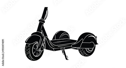 A black and white silhouette illustration of a modern electric scooter