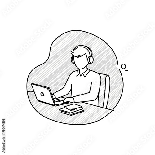 Man Wearing Headphones Working on Laptop.