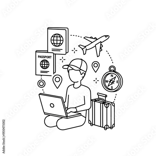 Traveler with Laptop and Luggage Planning Trip.
