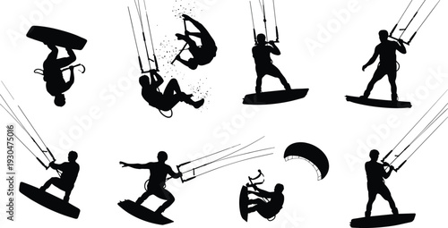 Kitesurfing silhouette set vector illustration kiteboarder action poses isolated on white background extreme water sport collection design