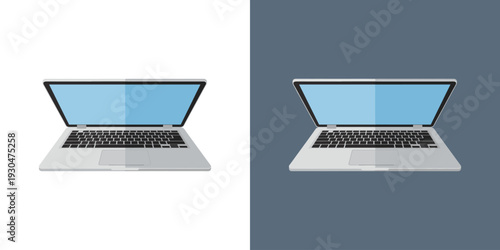 Sleek contemporary laptop computer illustration with an open screen on a dual-tone background, representing digital work and internet access