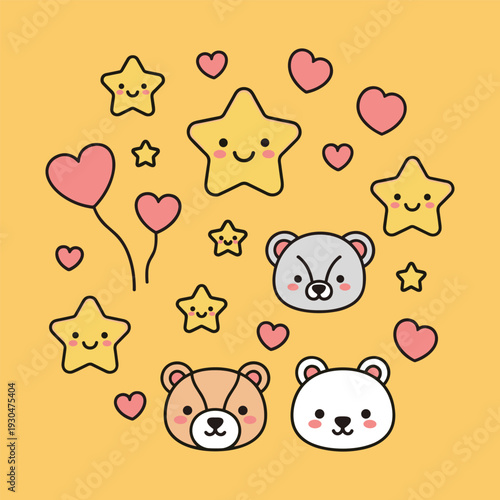 Adorable Kawaii Style Cartoon Illustration of Smiling Bear Faces, Cheerful Stars, and Sweet Heart Balloons on a Warm Yellow Background for Cute Designs