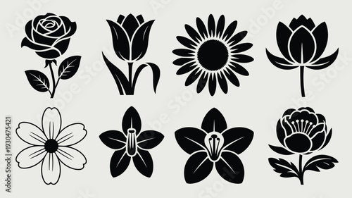 Nine flower silhouettes on light gray background black