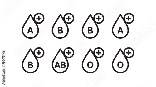 Simple vector graphic illustration showing different blood types categorized into eight distinct groups with corresponding labels and positive indicators.