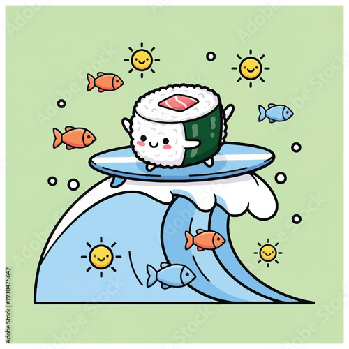 Sushi Character Riding Wave with Fish.