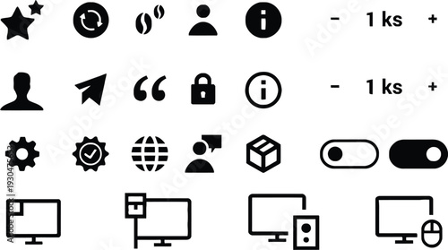 Black and white icon set with symbols for star, refresh, coffee, user, information, settings, globe, chat, box, computer, and toggle switches.