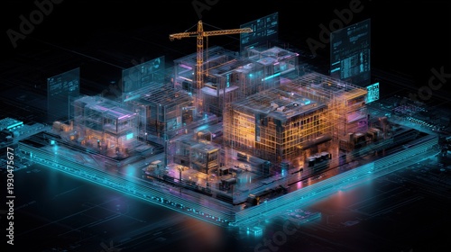 3d isometric hologram of a building construction site with digital data and circuit board, bright colors, dark background.