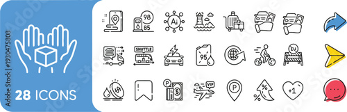 Set of 28 flat line icons for logistics, delivery, transport, travel, and communication services on a blue rounded rectangle background