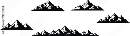 Mountain range silhouette vector set with snowy peaks isolated black alpine landscape icons for adventure nature outdoor design branding logo print decor