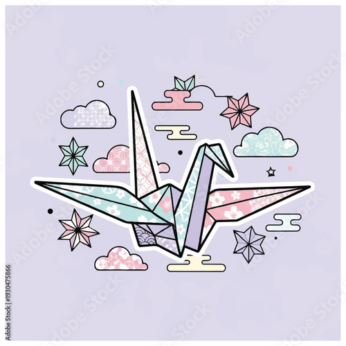 Origami Crane with Floral Elements and Clouds.