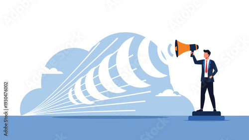 Professional man standing on a podium and using a megaphone to broadcast a loud message through large powerful blue sound waves.