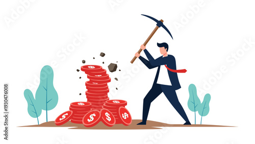 Businessman using a pickaxe to mine through a large pile of red dollar coins for wealth accumulation and financial success in industry.