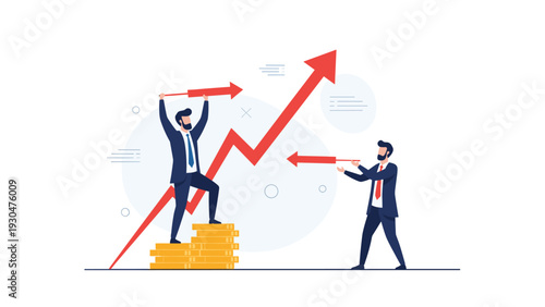 Team of business people launching red rocket arrows next to a large line graph representing rapid corporate growth and success.