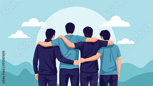 Group of four friends standing together with arms on shoulders looking at the horizon towards a bright sun and successful future.