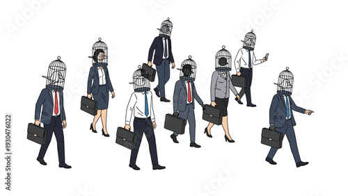 Group of business people walking in different directions with their heads trapped inside metal birdcages symbolizing career restriction.