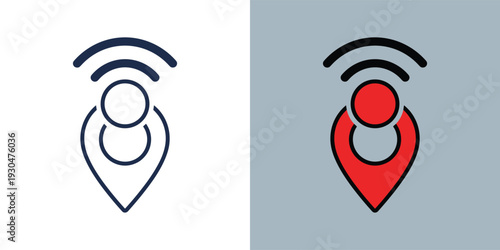 Digital map pin icon broadcasting wireless signals, representing precise location services, GPS navigation, proximity detection, and connectivity for modern applications