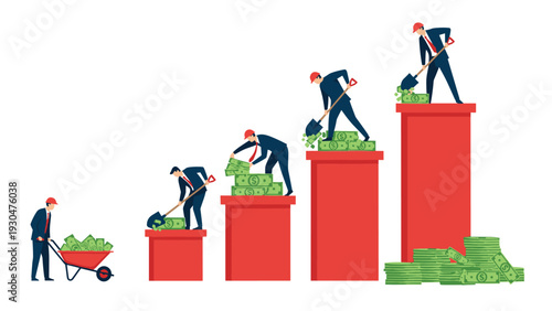 Team of workers building tall towers of cash stacks using shovels and wheelbarrows to symbolize wealth creation and financial success.