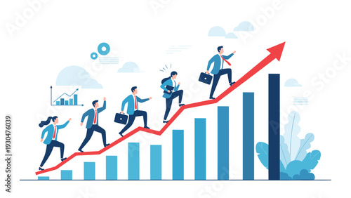Group of diverse business professionals racing up an upward trending red graph line towards a high arrow of growth and achievement.