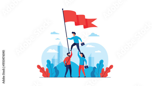 Small team of business people working together to plant a giant red flag on a mountain peak to celebrate corporate success and victory.