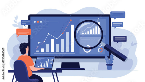 Analyst using a laptop and a large computer screen with magnifying glass to perform deep data research and financial performance audit.
