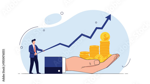 Ambitious businessman pulling a growing graph line towards a giant hand filled with stacks of gold coins representing wealth creation.