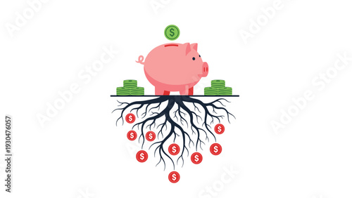 Pink piggy bank sitting on a line with deep roots holding many red dollar coins signifying long term financial savings and security.