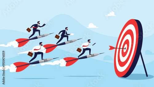 Team of business professionals riding on large dart arrows flying through the sky to hit a red bullseye target for career success.