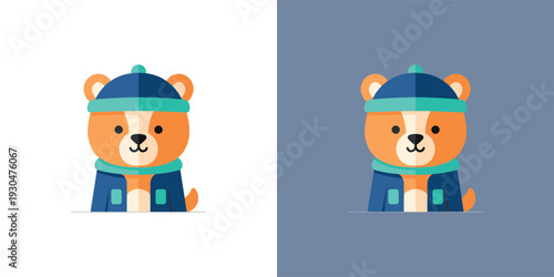 Charming Cartoon Bear Cub Illustration in Cozy Winter Attire. An Adorable Flat Design Character Wearing a Blue Hat and Scarf, Ideal for Seasonal Themes and Children's Content