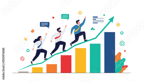 Energetic team of business people running up a growing bar graph towards a high green arrow signifying success and corporate growth.