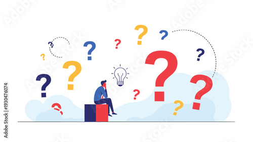 Pensive man sitting among numerous colorful question marks while finding a bright lightbulb idea for solving complex business problems.