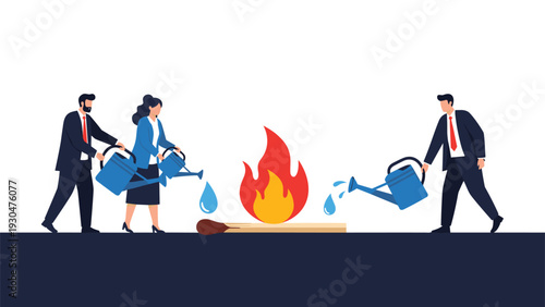 Team of business professionals using watering cans to extinguish a burning matchstick representing effective problem solving and collaboration.