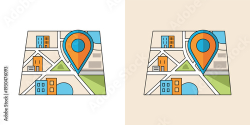 Detailed flat design illustration of a vibrant urban map featuring a prominent location pin, symbolizing navigation, destination finding, and pinpointing exact addresses for digital interfaces