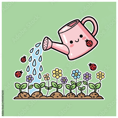 Cartoon Watering Can Watering Flowers.