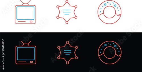 Retro and Modern Icons - TV, Sheriff Badge, Donut - Contrasting Styles