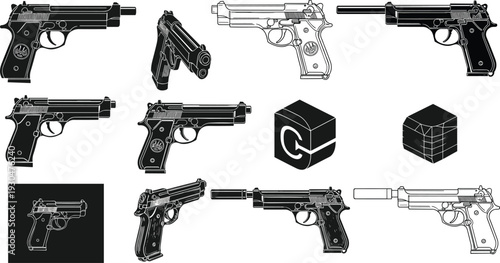 Comprehensive Vector Illustration Set of Italian Style Semi Automatic Handguns Featuring Tactical Silhouettes Outline Icons and Suppressed Pistol Designs for Graphic Projects