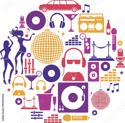 Party and Nightlife Icon Cluster - Music, Dancing, and Celebration Elements
