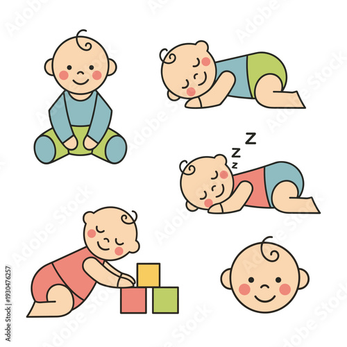Charming cartoon baby character in multiple poses, including sleeping peacefully, playing with colorful blocks, and happily sitting, perfect for children's educational content and design projects