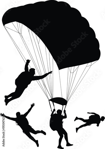 Parachuting skydivers silhouette with parachute showing airborne landing teamwork extreme sport military training adventure vector illustration