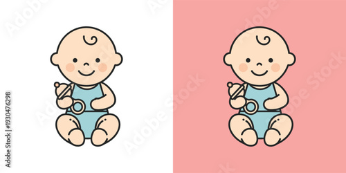 Sweet Smiling Baby Holding Feeding Bottle Line Art Illustration - Adorable Newborn Character for Childhood Themes and Baby Care Concepts