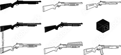 Collection of Tactical Shotgun Vector Icons Featuring Pump Action Designs Silhouette Outlines and Line Art Illustrations for Gun Safety and Defense Graphics