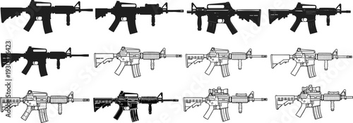 Set of Assault Rifle Vector Icons Featuring Tactical M4 Carbine Silhouette Outlines and Line Art Illustrations for Military and Defense Graphics