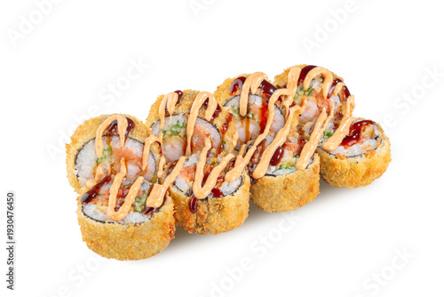 Fotografie Crispy tempura sushi rolls with shrimp cucumber and spicy sauce isolated on whit