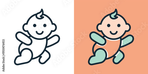Adorable outline and colored baby icon representing early childhood, infant development, and playful exploration, perfect for parenting content and children's themes