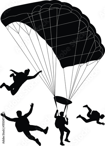 Parachuting skydivers silhouette illustration showing multiple jumpers with parachutes airborne descent extreme sport military training teamwork adventure vector action dynamic aerial scene