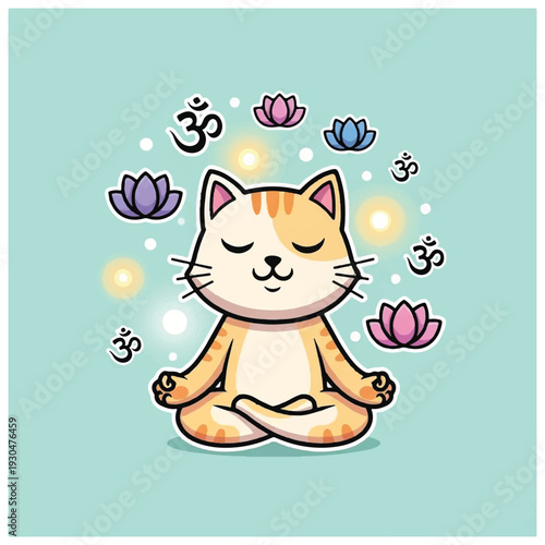 Cartoon Cat Meditating with Om Symbols.