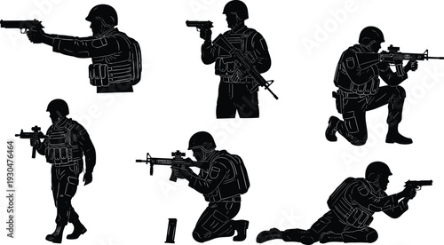 Tactical Military Vector Collection Featuring Soldier Silhouettes Assault Rifles Sniper Rifles and Handgun Icons for Defense Security and Armed Forces Graphic Design