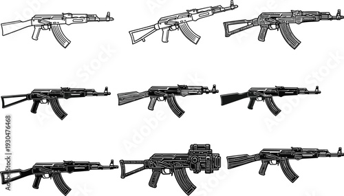 Set of assault rifle silhouettes and detailed line art icons featuring various military firearms and automatic weapons isolated on white background